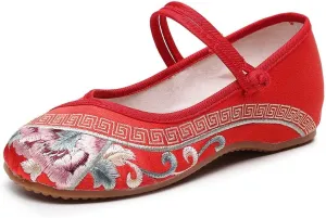 Womens Handmade Floral Embroidered Canvas Shoes - Casual Round Toe Mary Jane Ballet Yoga Flats Slip On Shoes