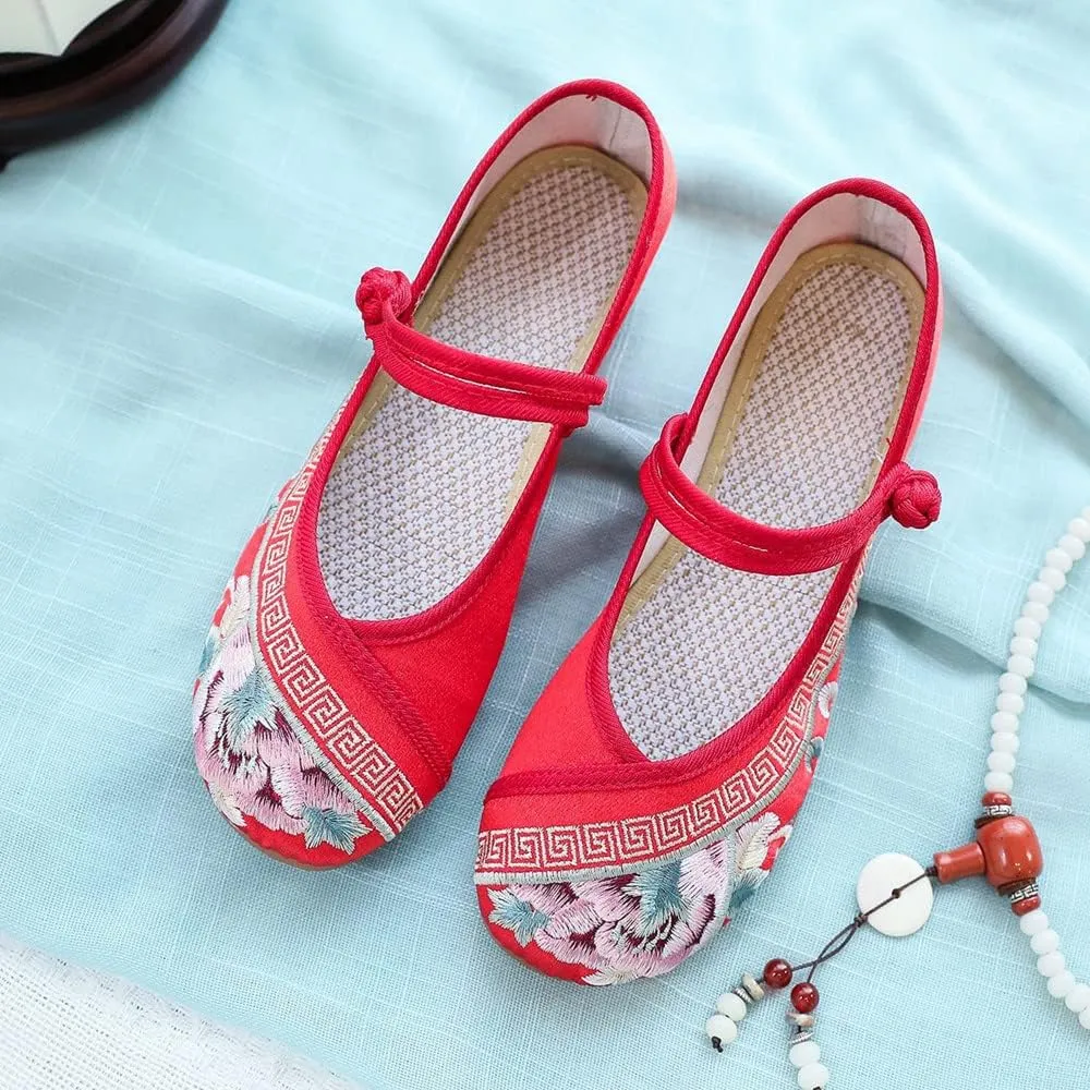 Womens Handmade Floral Embroidered Canvas Shoes - Casual Round Toe Mary Jane Ballet Yoga Flats Slip On Shoes