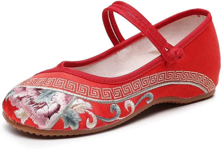 Womens Handmade Floral Embroidered Canvas Shoes - Casual Round Toe Mary Jane Ballet Yoga Flats Slip On Shoes