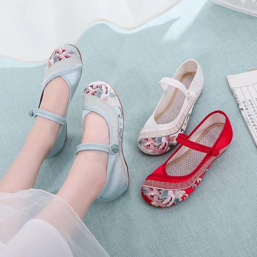 Womens Handmade Floral Embroidered Canvas Shoes - Casual Round Toe Mary Jane Ballet Yoga Flats Slip On Shoes