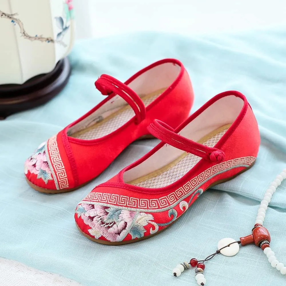 Womens Handmade Floral Embroidered Canvas Shoes - Casual Round Toe Mary Jane Ballet Yoga Flats Slip On Shoes