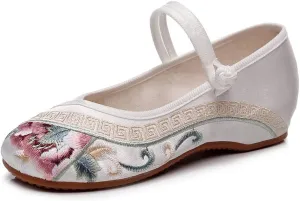 Womens Handmade Floral Embroidered Canvas Shoes - Casual Round Toe Mary Jane Ballet Yoga Flats Slip On Shoes
