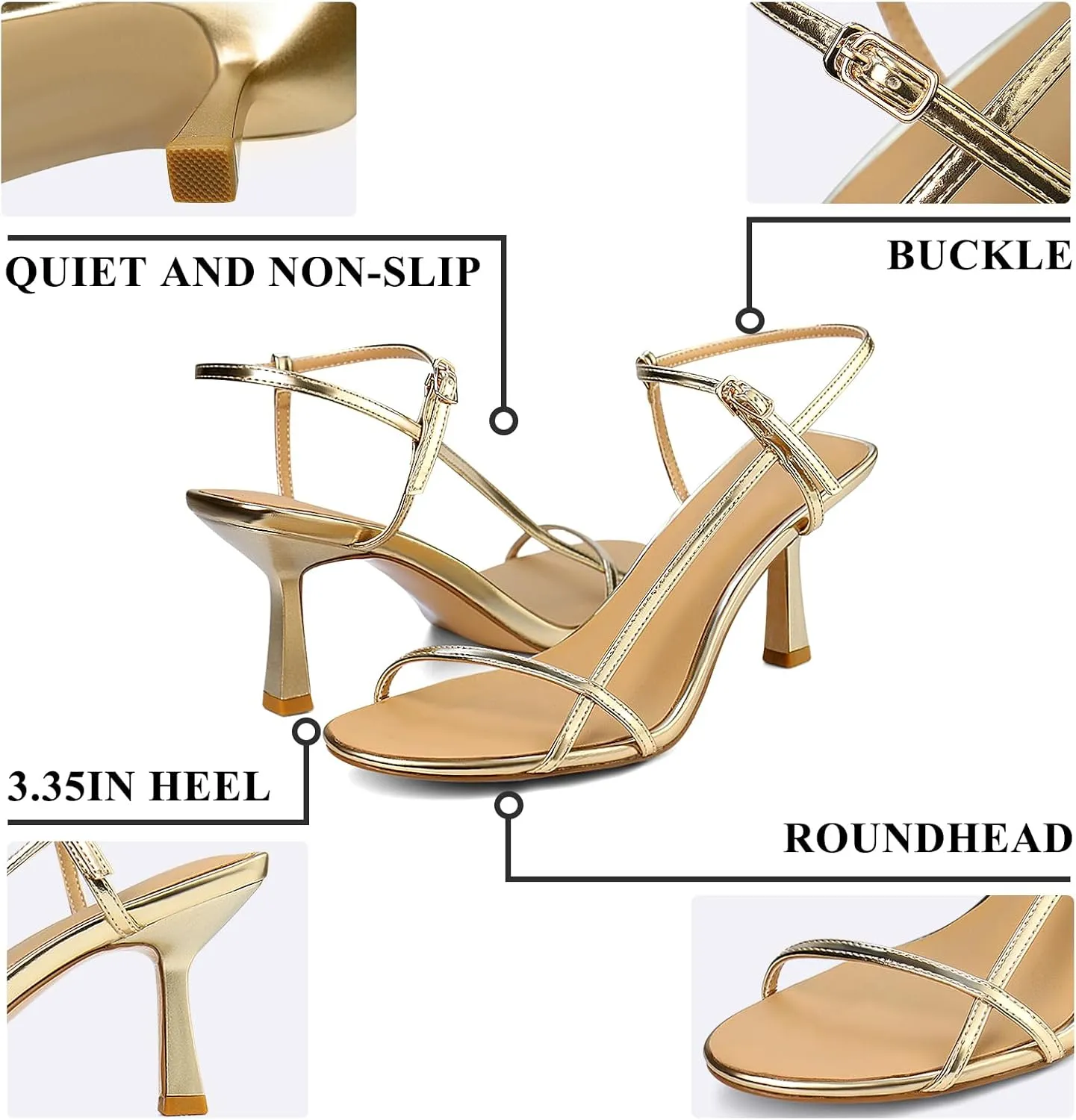Women's Heeled Sandals Round Open Toe Strappy Slingback High Heels Ankle Strap Sandals