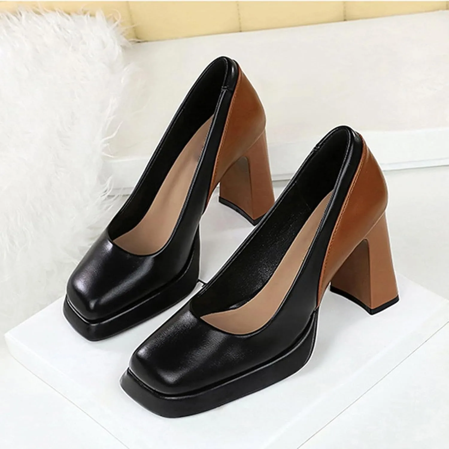 Women's High Heels Sandal Chunky Block Heel Close Toe Pumps Leather Slip On Square Toe Platform Causal Shoes