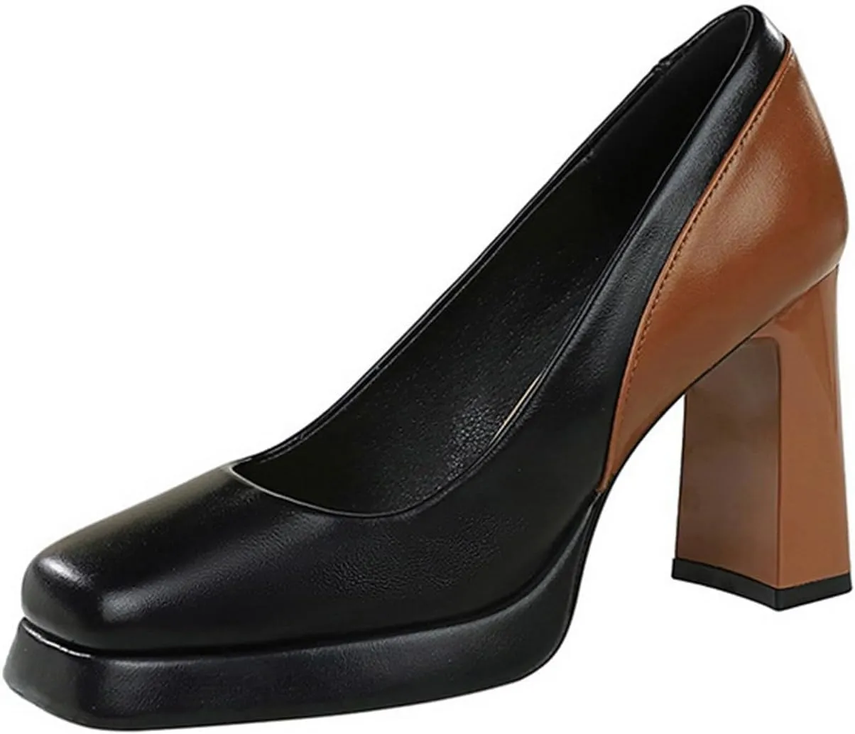 Women's High Heels Sandal Chunky Block Heel Close Toe Pumps Leather Slip On Square Toe Platform Causal Shoes