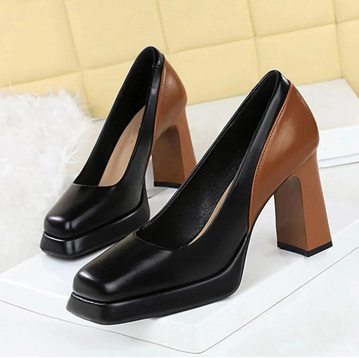 Women's High Heels Sandal Chunky Block Heel Close Toe Pumps Leather Slip On Square Toe Platform Causal Shoes