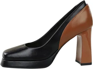 Women's High Heels Sandal Chunky Block Heel Close Toe Pumps Leather Slip On Square Toe Platform Causal Shoes