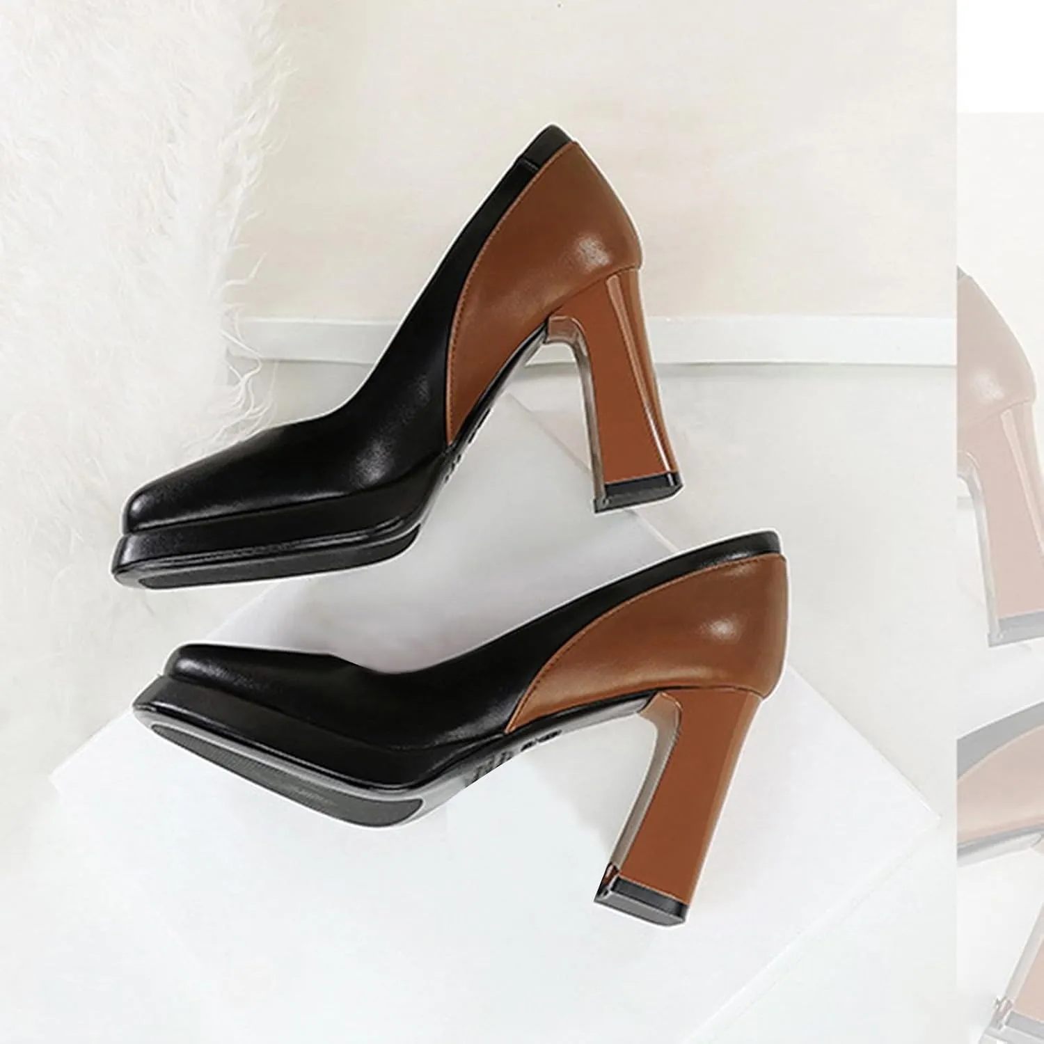 Women's High Heels Sandal Chunky Block Heel Close Toe Pumps Leather Slip On Square Toe Platform Causal Shoes