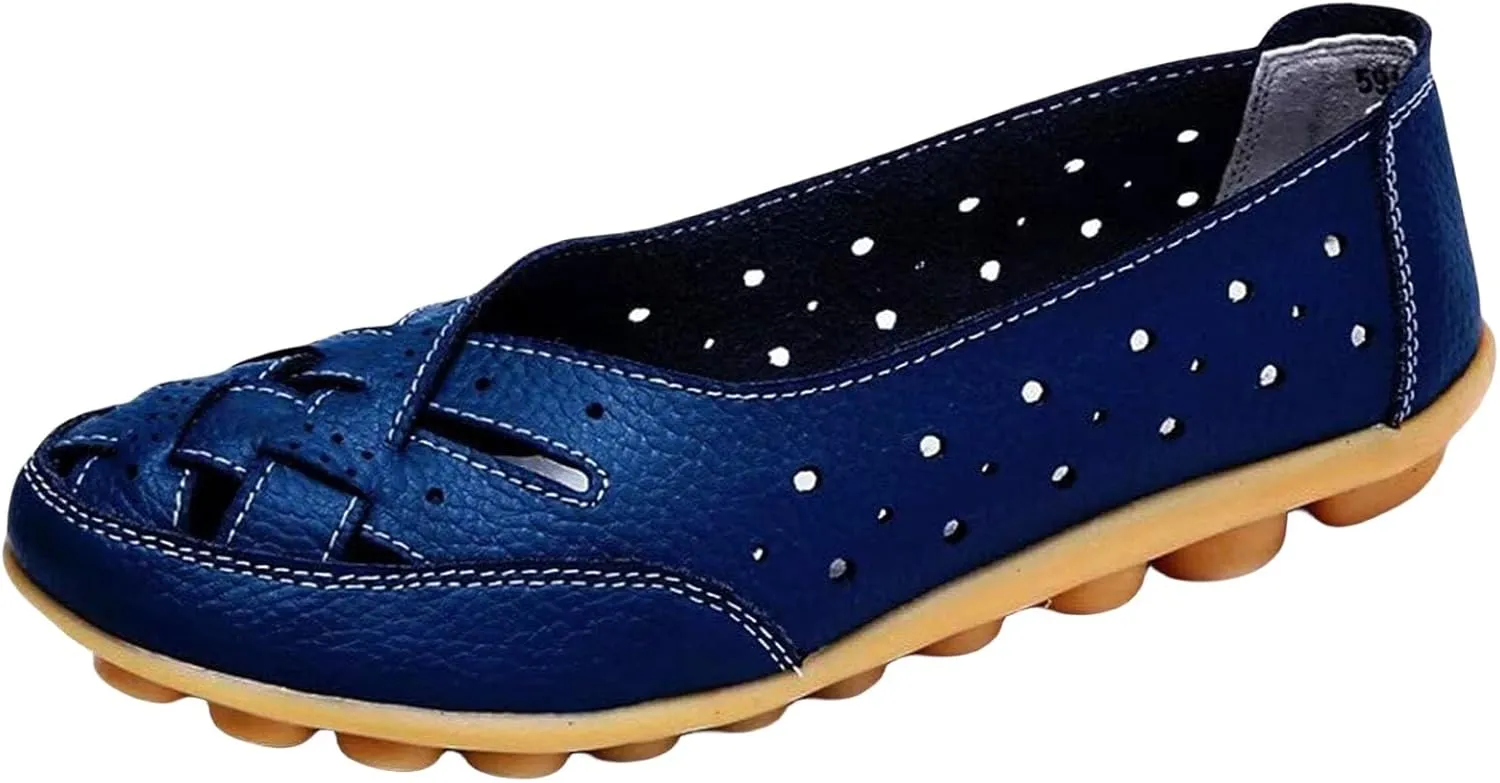 Women's Orthopedic Breathable Leather Loafers Hollow Cutout Comfortable Soft Flats Slip On Sandals for Summer Cowhide Leather Casual Shoes