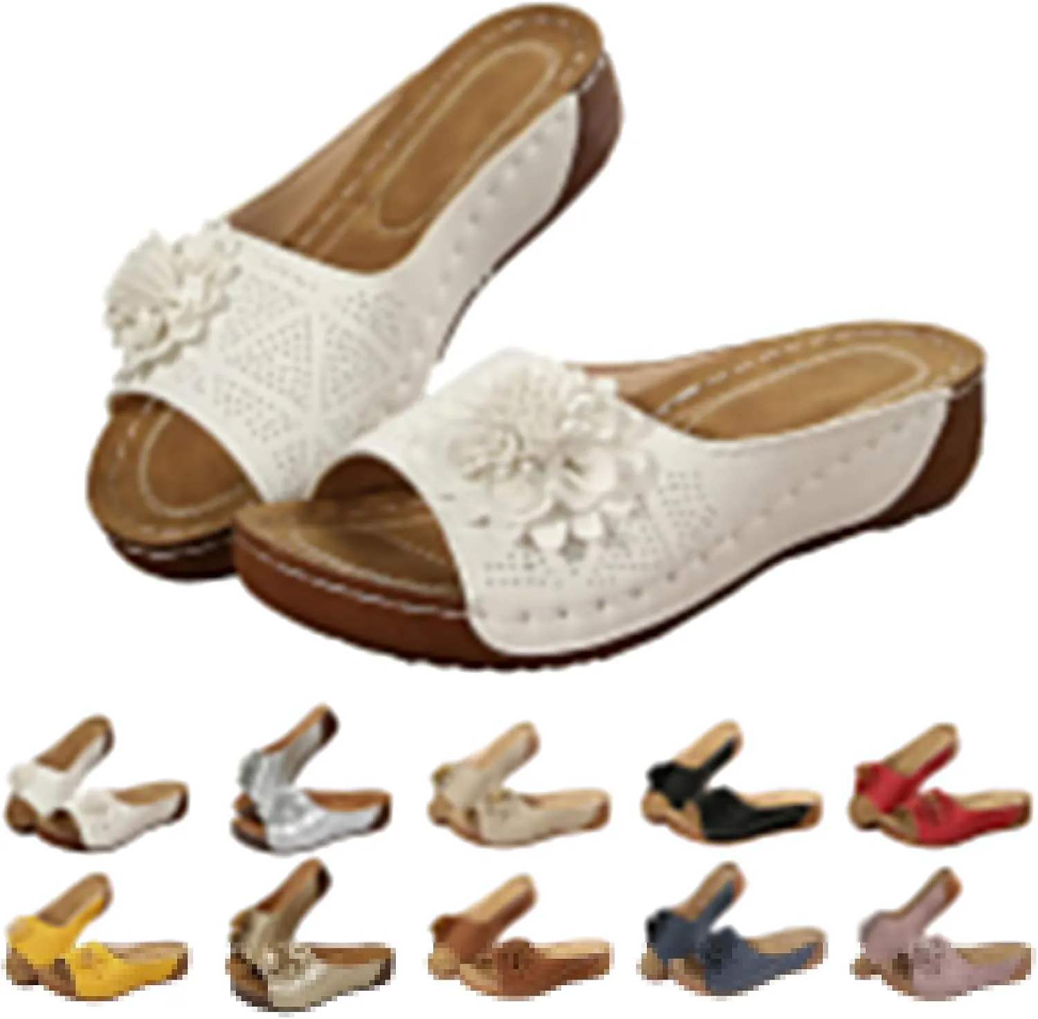 Womens Orthopedic Platform Leather Wedge Shoes Summer Low Wedge Bohemian Leather Breathable Slip On Open Toe Flower Sandals