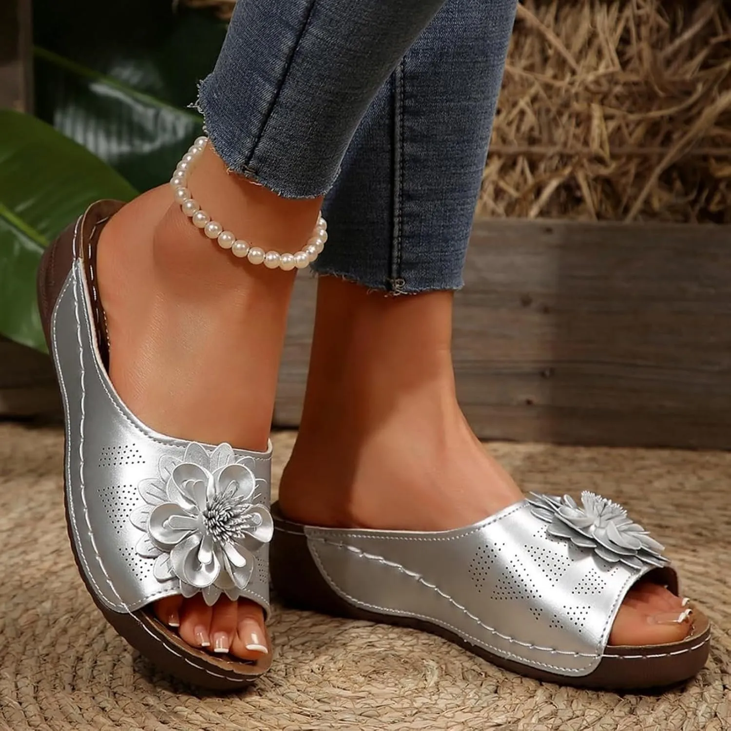 Womens Orthopedic Platform Leather Wedge Shoes Summer Low Wedge Bohemian Leather Breathable Slip On Open Toe Flower Sandals
