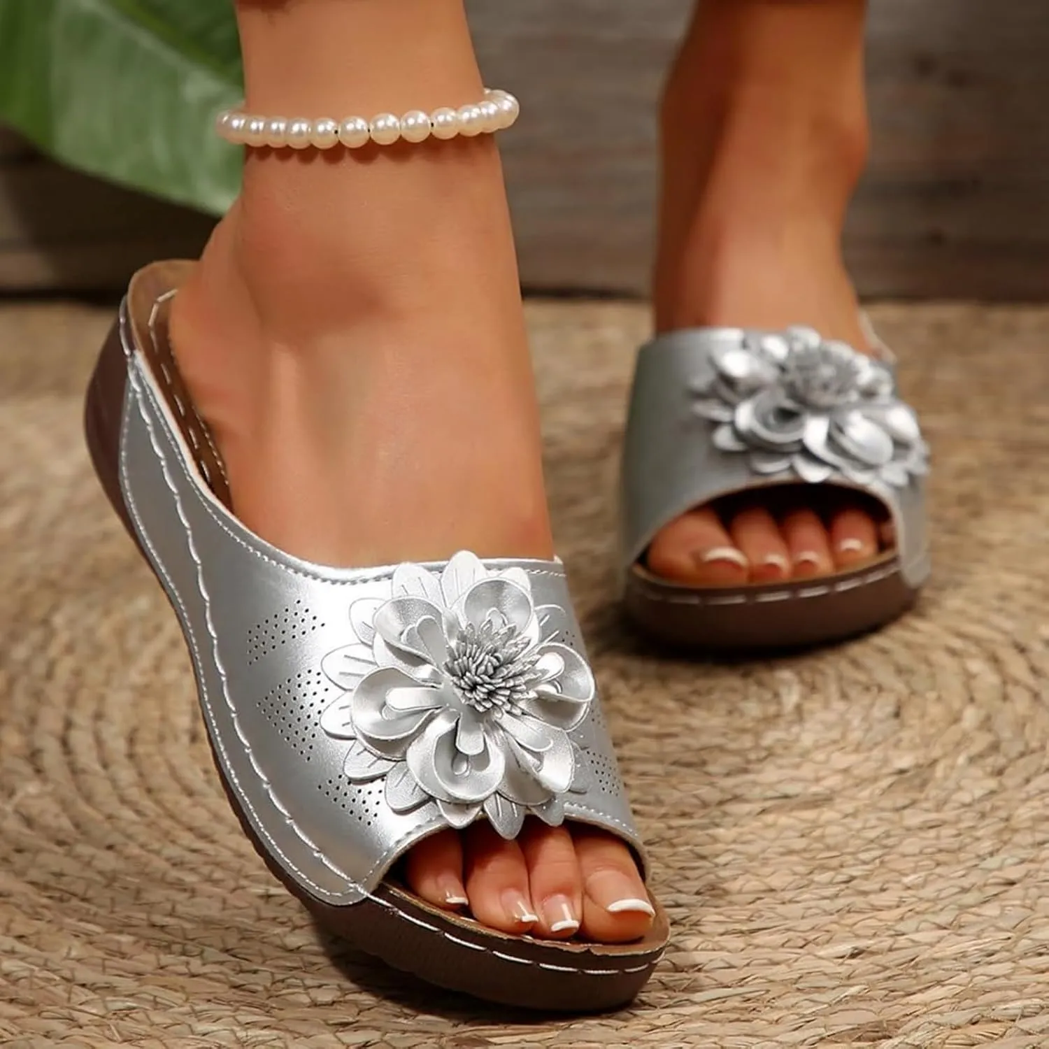 Womens Orthopedic Platform Leather Wedge Shoes Summer Low Wedge Bohemian Leather Breathable Slip On Open Toe Flower Sandals