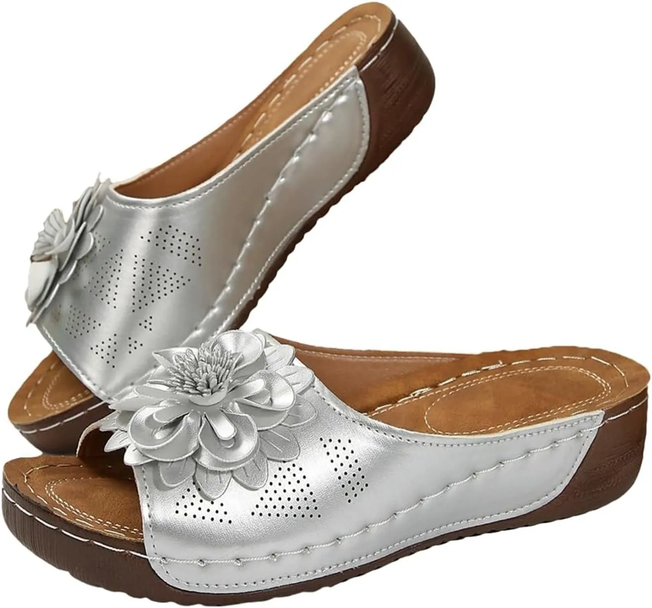 Womens Orthopedic Platform Leather Wedge Shoes Summer Low Wedge Bohemian Leather Breathable Slip On Open Toe Flower Sandals