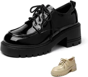 Women's Patent Leather Slip-On Chunky Platform Oxford Fashion Round Toe Lace-Up Chunky Heightening Lug Sole Loafers Non Slip Business Office Dress Shoes