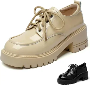 Women's Patent Leather Slip-On Chunky Platform Oxford Fashion Round Toe Lace-Up Chunky Heightening Lug Sole Loafers Non Slip Business Office Dress Shoes