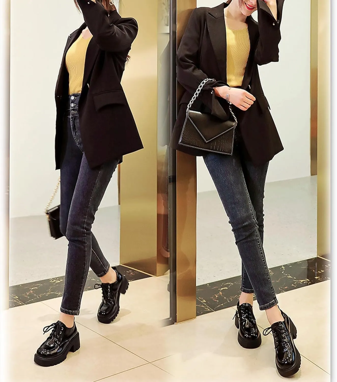 Women's Patent Leather Slip-On Chunky Platform Oxford Fashion Round Toe Lace-Up Chunky Heightening Lug Sole Loafers Non Slip Business Office Dress Shoes