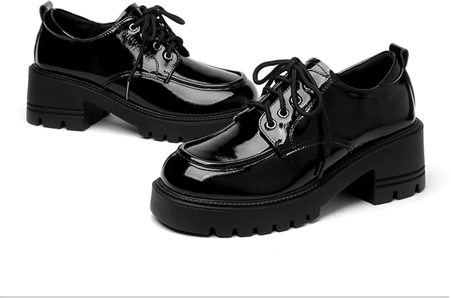 Women's Patent Leather Slip-On Chunky Platform Oxford Fashion Round Toe Lace-Up Chunky Heightening Lug Sole Loafers Non Slip Business Office Dress Shoes