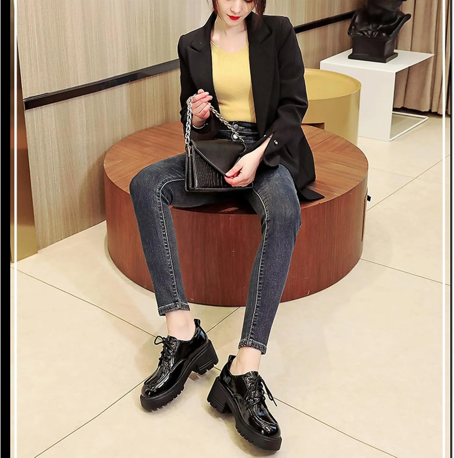 Women's Patent Leather Slip-On Chunky Platform Oxford Fashion Round Toe Lace-Up Chunky Heightening Lug Sole Loafers Non Slip Business Office Dress Shoes