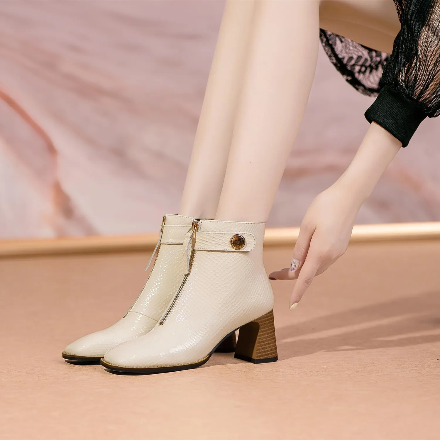 Women's Patent Leather Textured Ankle Boots Handmade Mid Block Chunky Heel Dress Booties for Women Side Zip Up Short Boots Square Toe with Front Zipper Decor