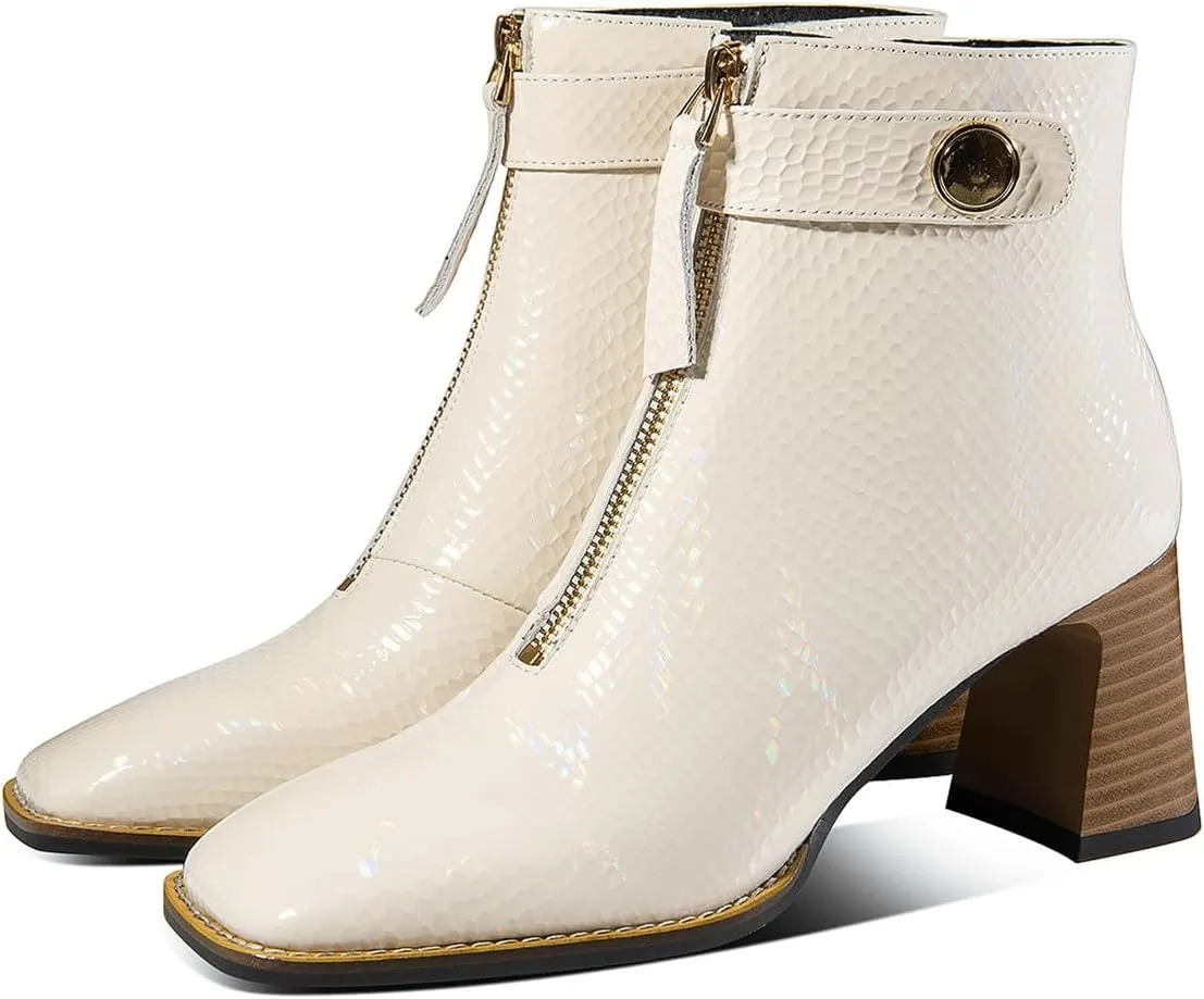 Women's Patent Leather Textured Ankle Boots Handmade Mid Block Chunky Heel Dress Booties for Women Side Zip Up Short Boots Square Toe with Front Zipper Decor