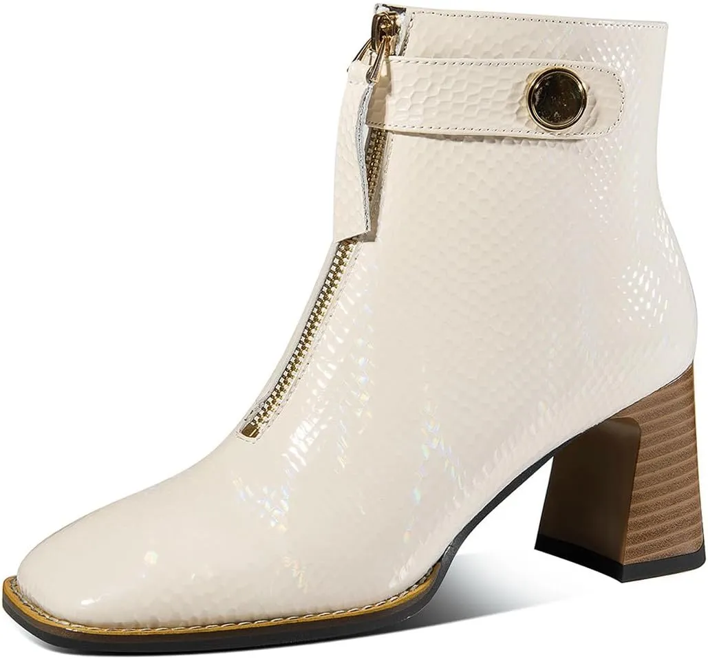 Women's Patent Leather Textured Ankle Boots Handmade Mid Block Chunky Heel Dress Booties for Women Side Zip Up Short Boots Square Toe with Front Zipper Decor