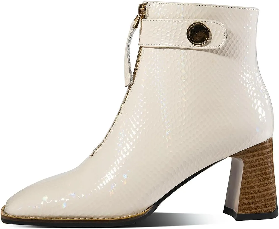 Women's Patent Leather Textured Ankle Boots Handmade Mid Block Chunky Heel Dress Booties for Women Side Zip Up Short Boots Square Toe with Front Zipper Decor