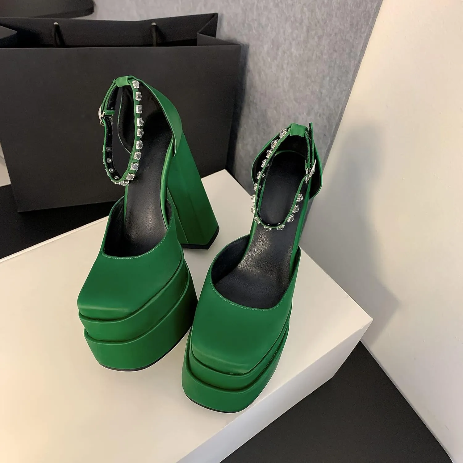 Womens Platform Chunky High Block Heels Ankle Strap Buckles Wedge Dress Pumps