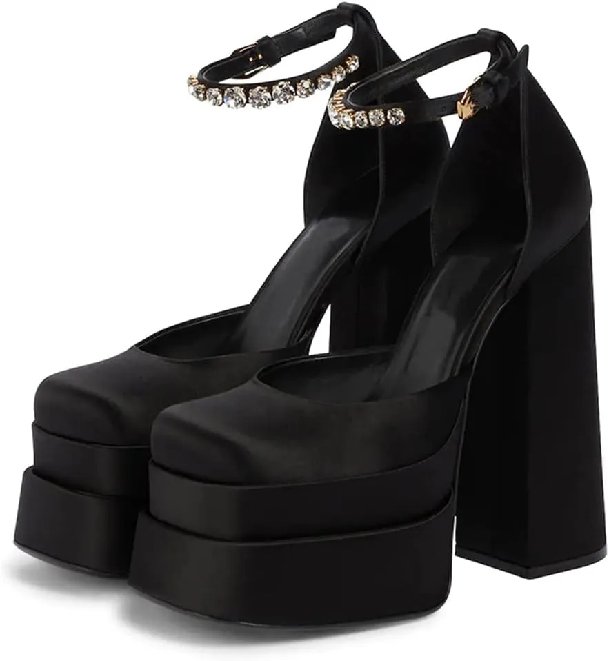 Womens Platform Chunky High Block Heels Ankle Strap Buckles Wedge Dress Pumps
