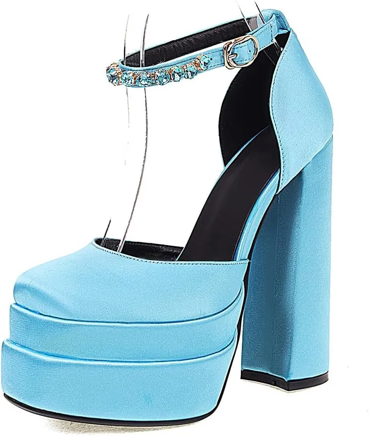 Womens Platform Chunky High Block Heels Ankle Strap Buckles Wedge Dress Pumps