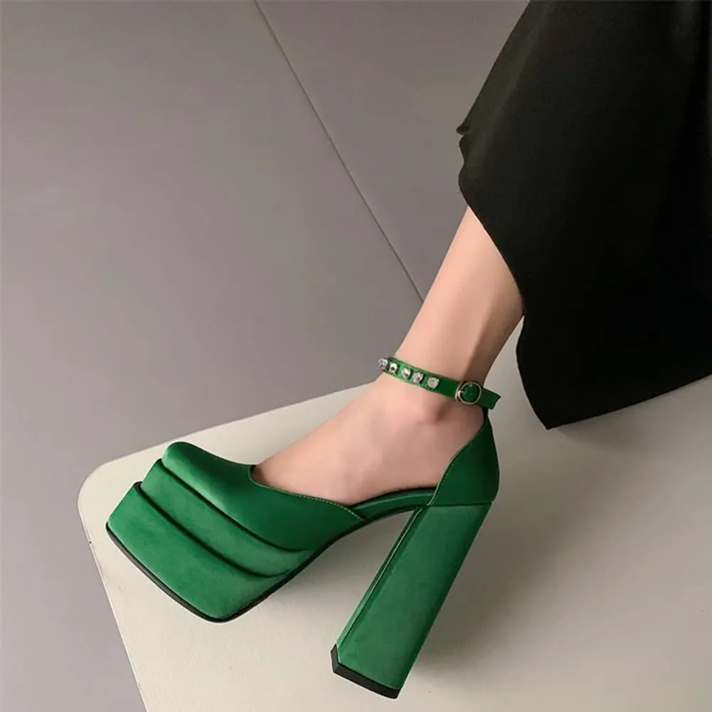 Womens Platform Chunky High Block Heels Ankle Strap Buckles Wedge Dress Pumps