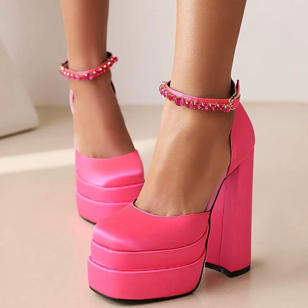 Womens Platform Chunky High Block Heels Ankle Strap Buckles Wedge Dress Pumps