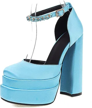 Womens Platform Chunky High Block Heels Ankle Strap Buckles Wedge Dress Pumps