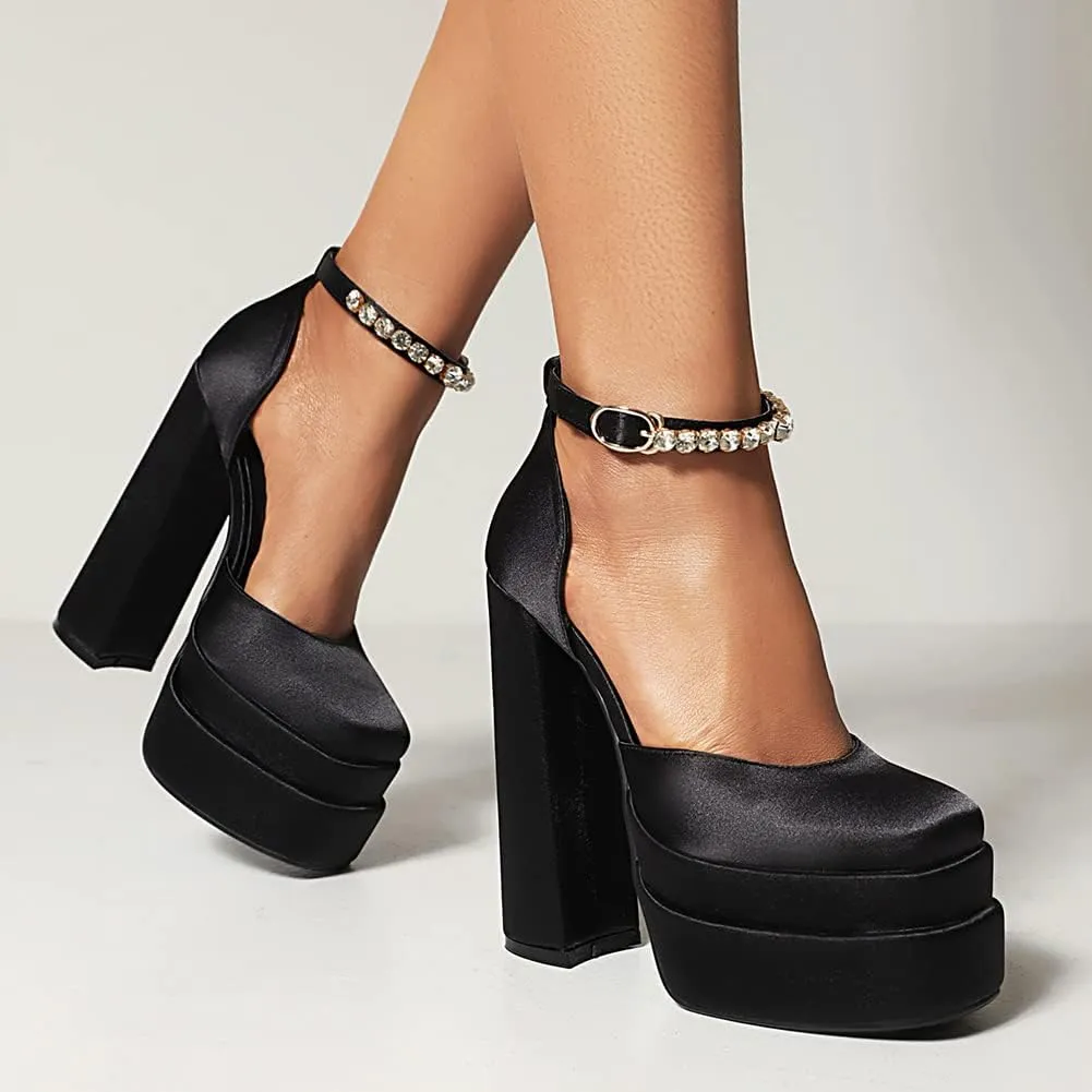 Womens Platform Chunky High Block Heels Ankle Strap Buckles Wedge Dress Pumps