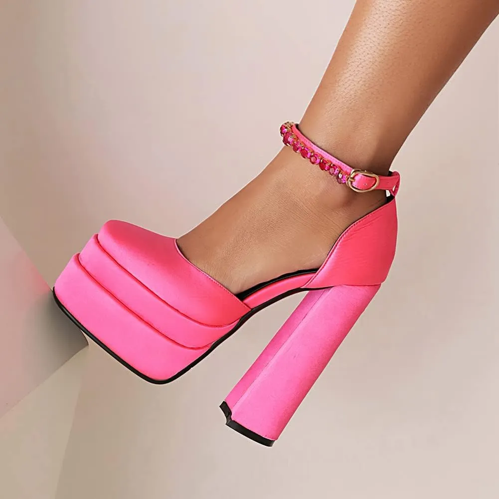 Womens Platform Chunky High Block Heels Ankle Strap Buckles Wedge Dress Pumps