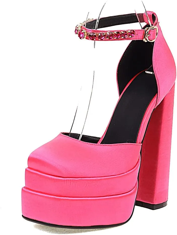 Womens Platform Chunky High Block Heels Ankle Strap Buckles Wedge Dress Pumps