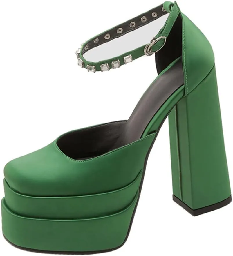 Womens Platform Chunky High Block Heels Ankle Strap Buckles Wedge Dress Pumps