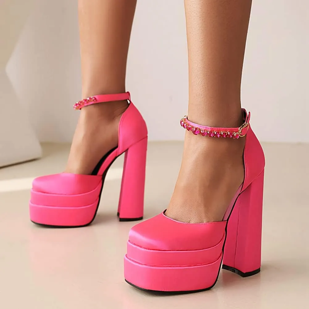 Womens Platform Chunky High Block Heels Ankle Strap Buckles Wedge Dress Pumps