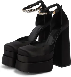 Womens Platform Chunky High Block Heels Ankle Strap Buckles Wedge Dress Pumps