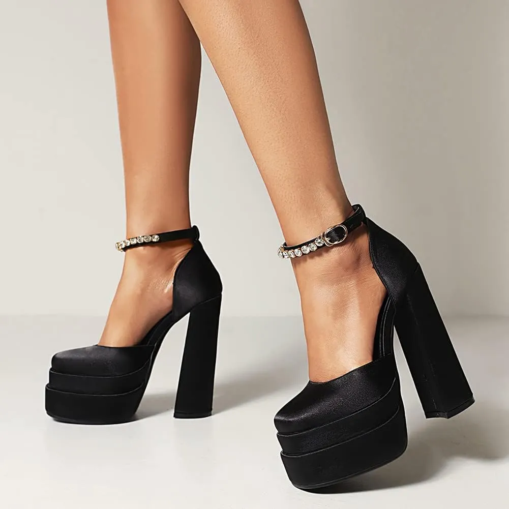 Womens Platform Chunky High Block Heels Ankle Strap Buckles Wedge Dress Pumps