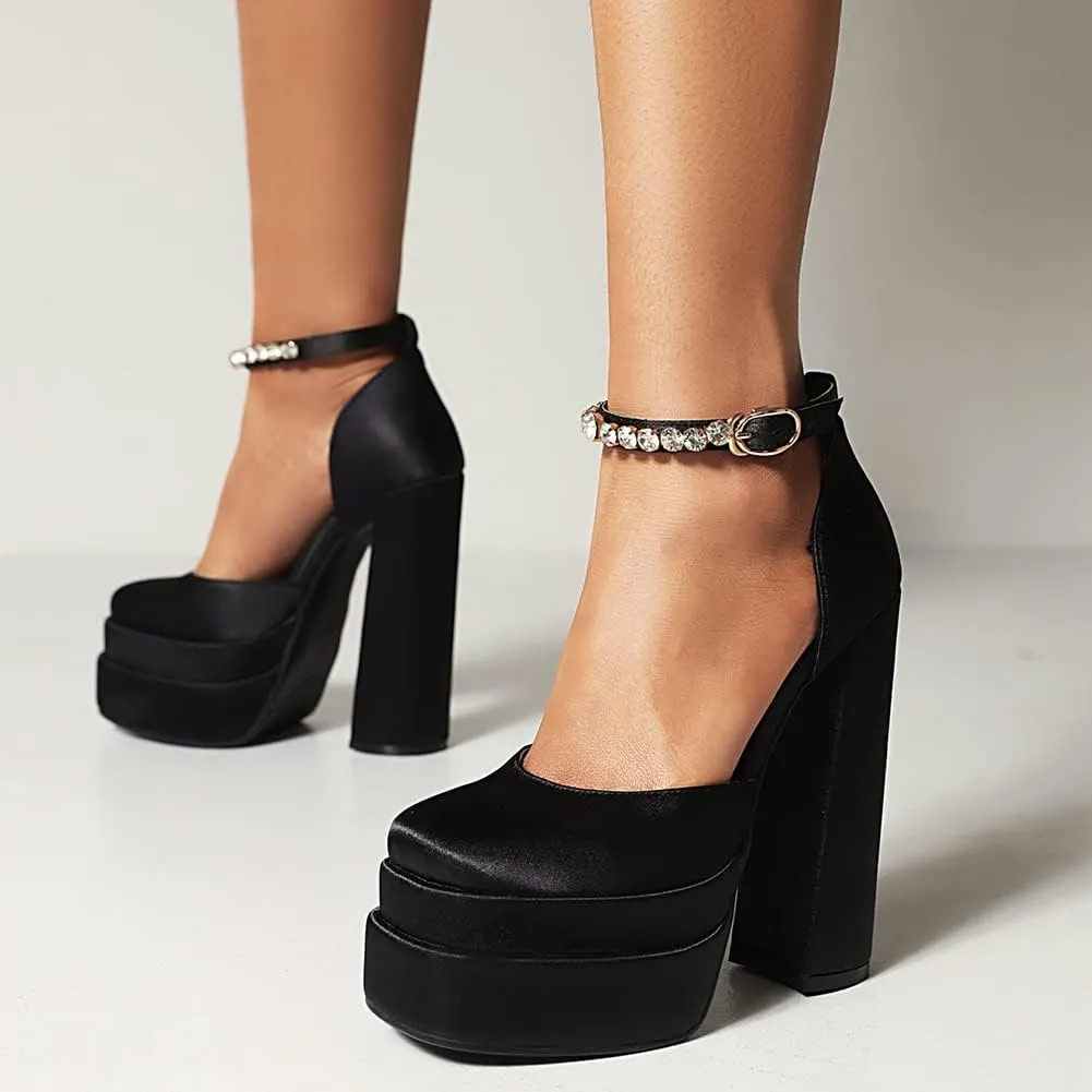 Womens Platform Chunky High Block Heels Ankle Strap Buckles Wedge Dress Pumps