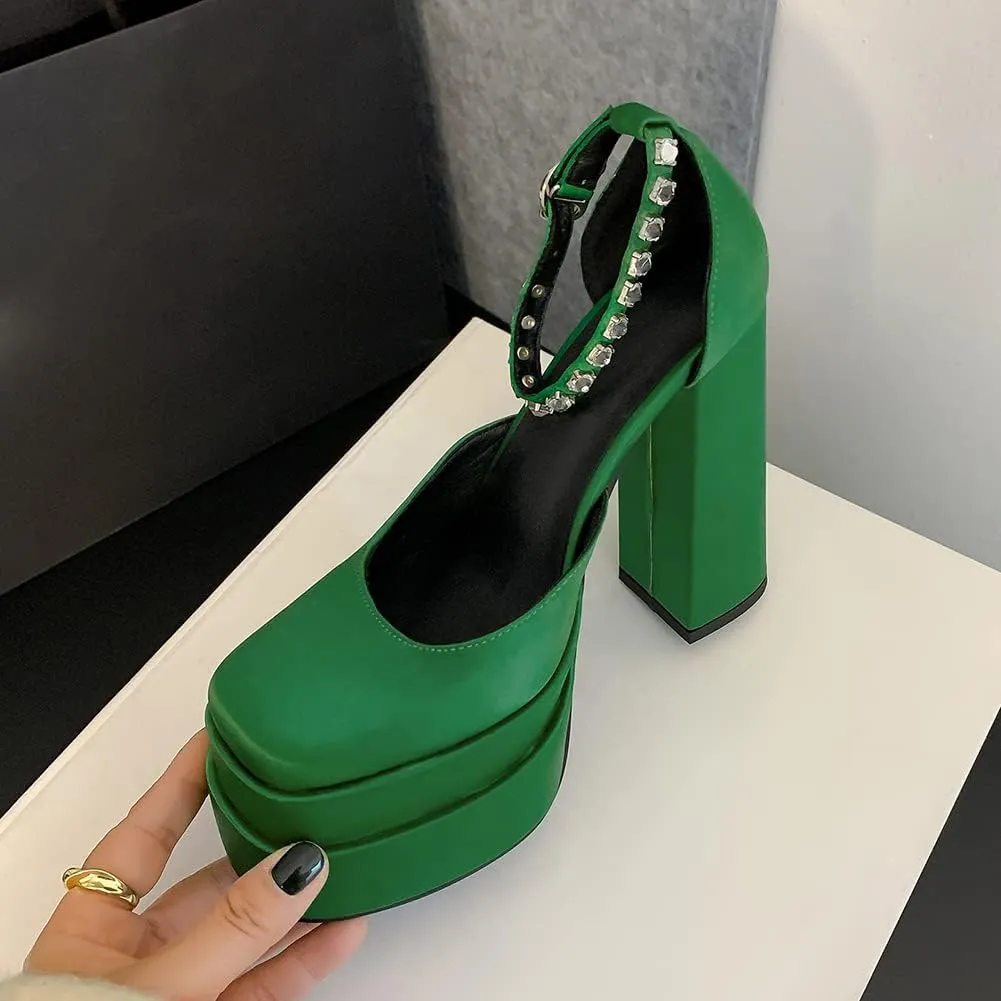 Womens Platform Chunky High Block Heels Ankle Strap Buckles Wedge Dress Pumps