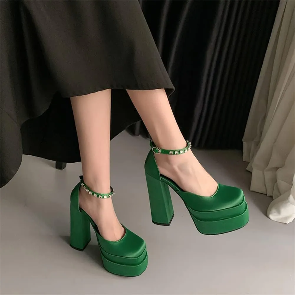 Womens Platform Chunky High Block Heels Ankle Strap Buckles Wedge Dress Pumps