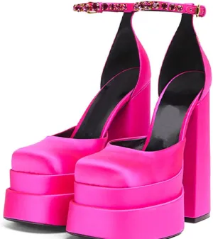 Womens Platform Chunky High Block Heels Ankle Strap Buckles Wedge Dress Pumps