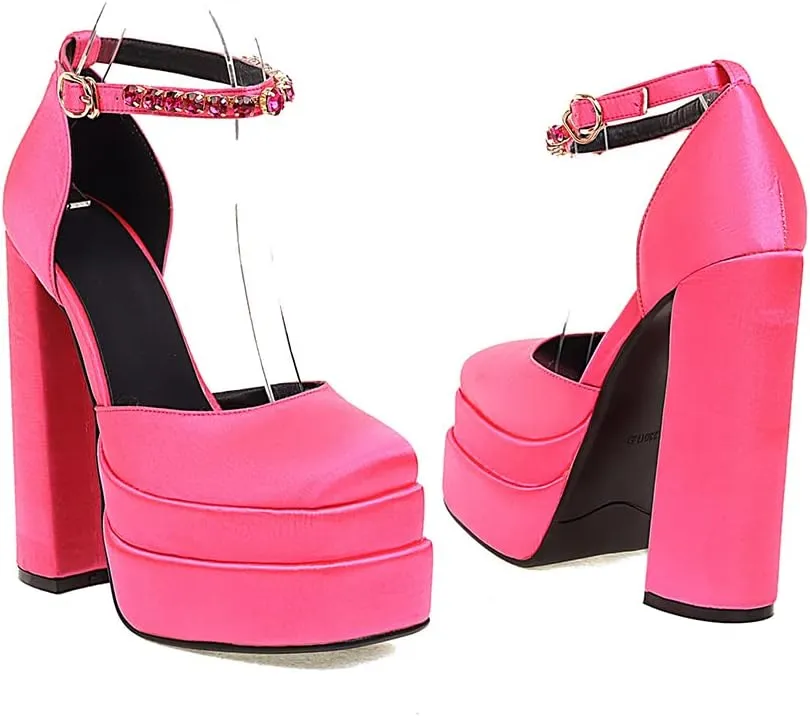 Womens Platform Chunky High Block Heels Ankle Strap Buckles Wedge Dress Pumps