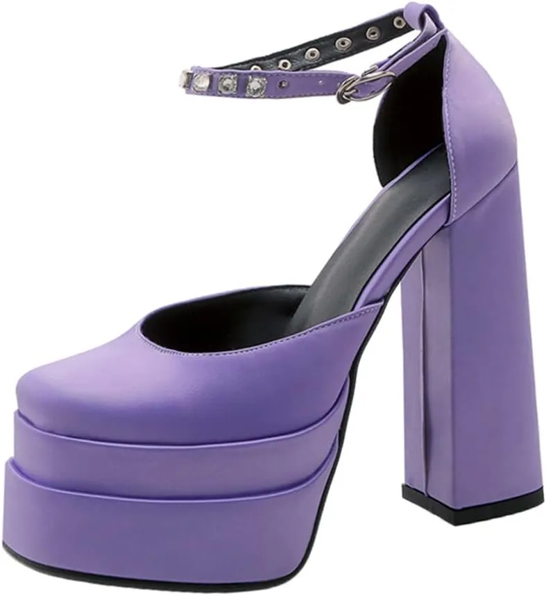 Womens Platform Chunky High Block Heels Ankle Strap Buckles Wedge Dress Pumps
