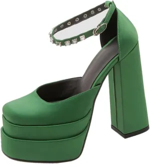 Womens Platform Chunky High Block Heels Ankle Strap Buckles Wedge Dress Pumps