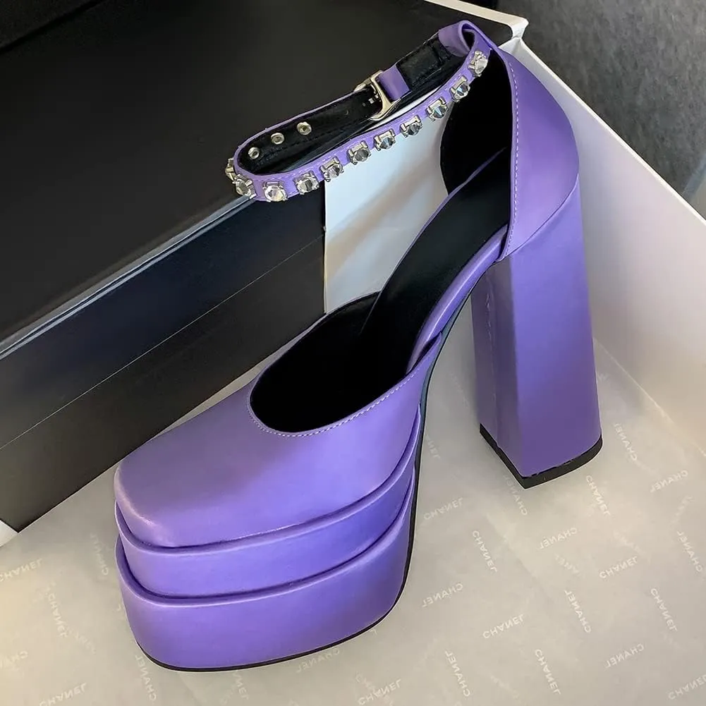 Womens Platform Chunky High Block Heels Ankle Strap Buckles Wedge Dress Pumps