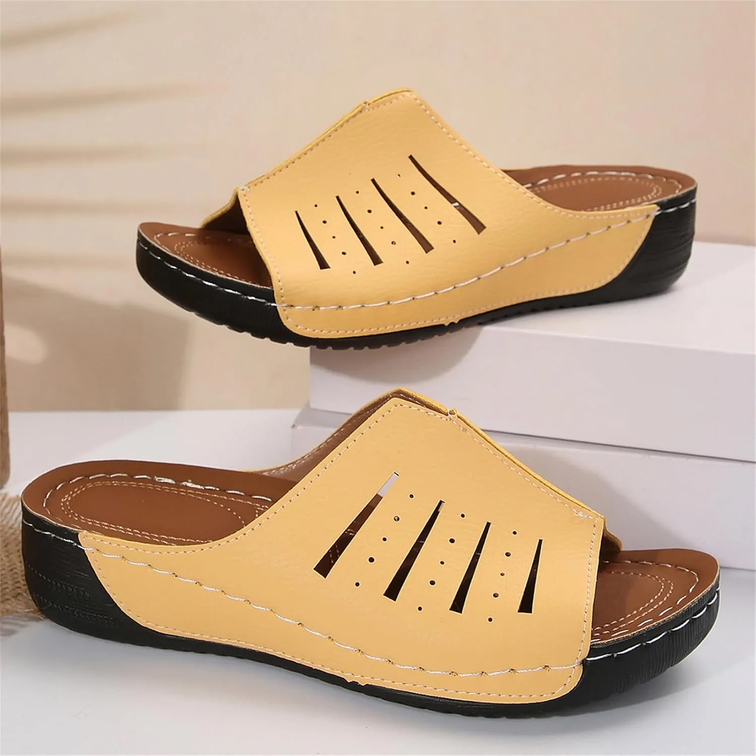 Womens Platform Sandals Orthopedic Arch Support Slip on Wedge Sandals Lightweight Leather Open Toe Slippers