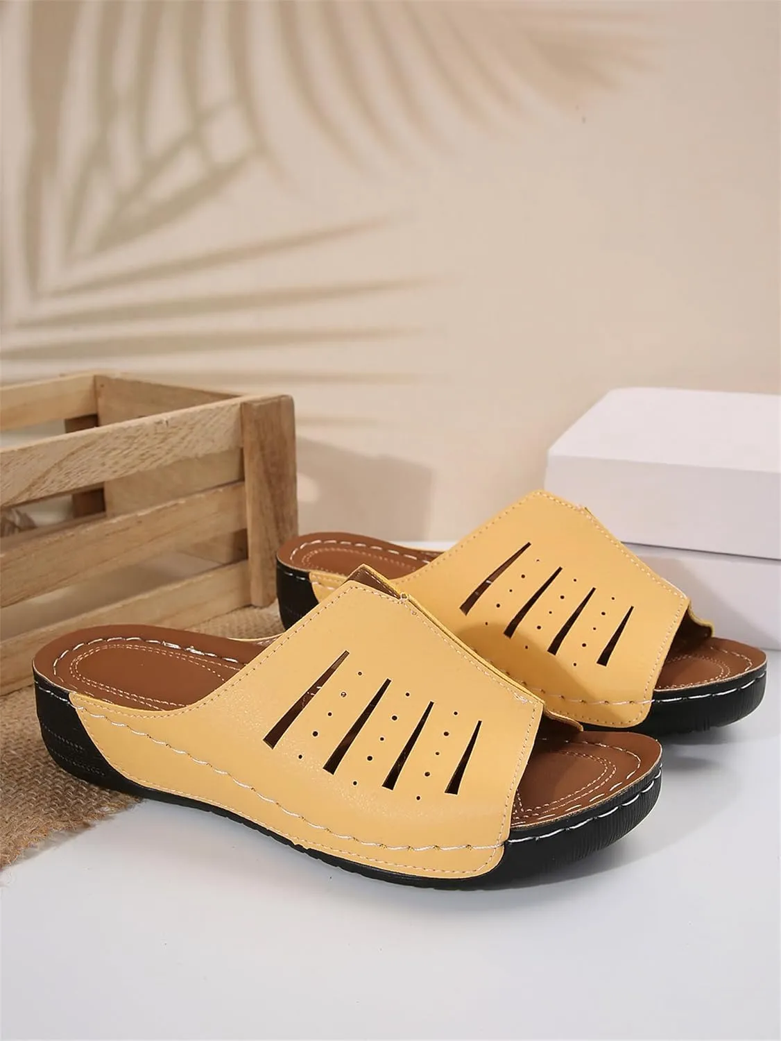 Womens Platform Sandals Orthopedic Arch Support Slip on Wedge Sandals Lightweight Leather Open Toe Slippers