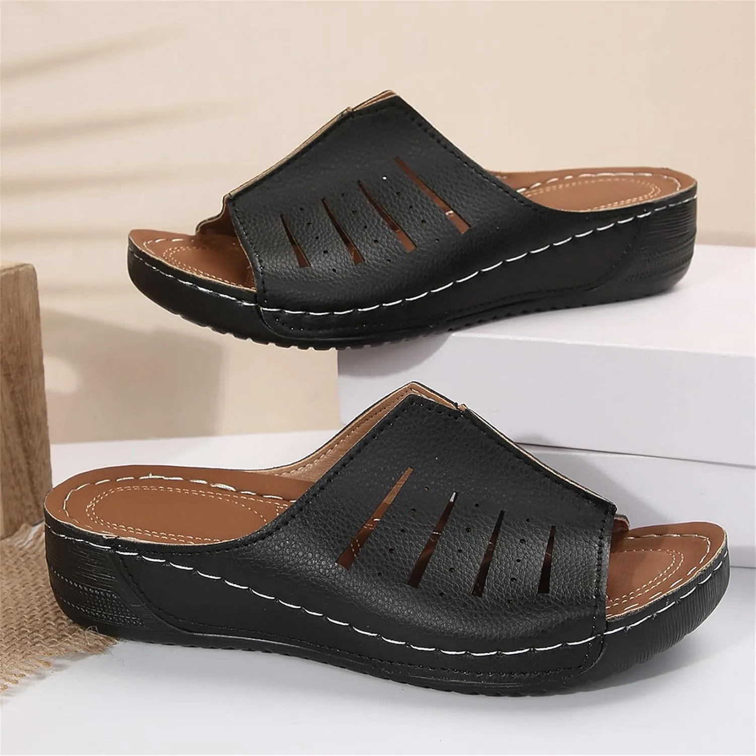 Womens Platform Sandals Orthopedic Arch Support Slip on Wedge Sandals Lightweight Leather Open Toe Slippers